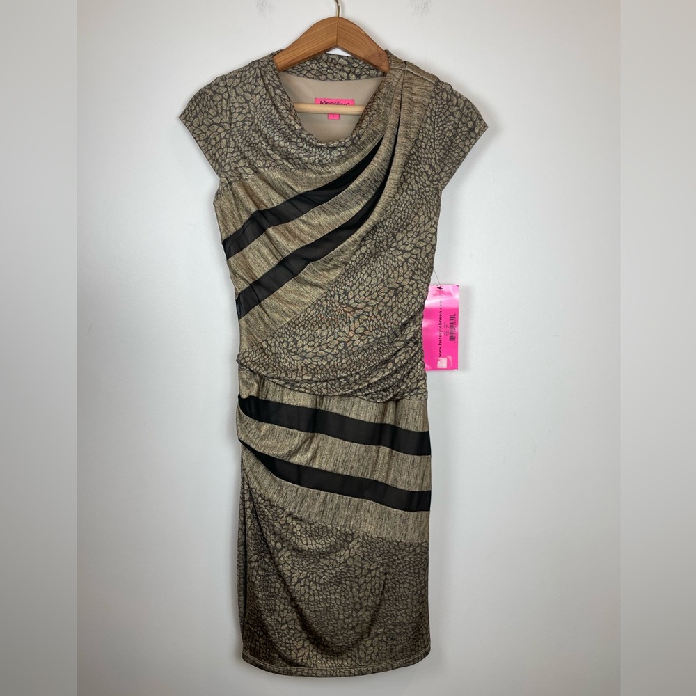 Betsey Johnson NWT Ruched Cocktail Dress Size 2 Mesh Panel Bodycon Black Tan